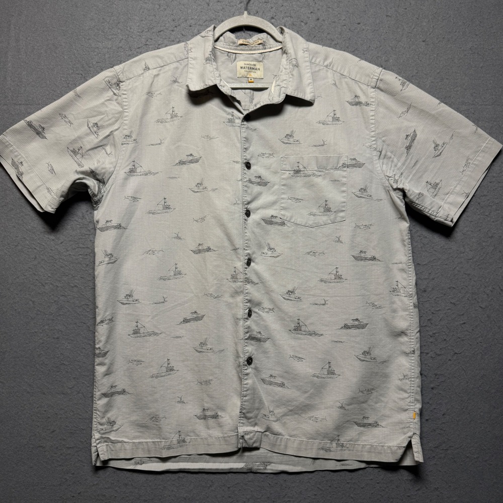 Quiksilver Waterman Collection Mens Short Sleeve Shirt Boat Fish Print Size M